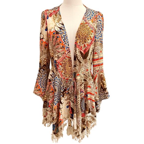 Umgee Small Boho Multi Tribal Kimono Duster Bell Sleeves Fringe Summer Fall - Picture 1 of 12
